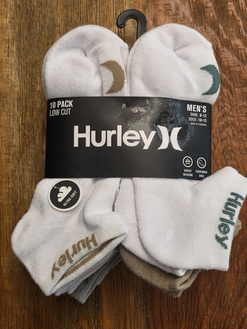 Hurley Men's Low Cut Sock Pack in White with Brown & Green Accents